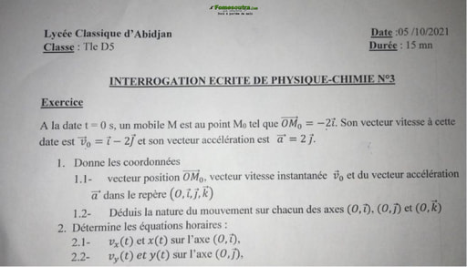 Interrogation de Physique Chimie niveau Terminale D Lycée Classique d'Abidjan 2021-22