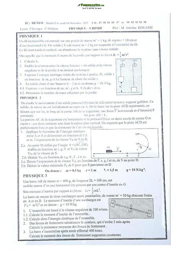 Sujet de Physique-Chimie Première C Lycée Classique Abidjan 2021-2022