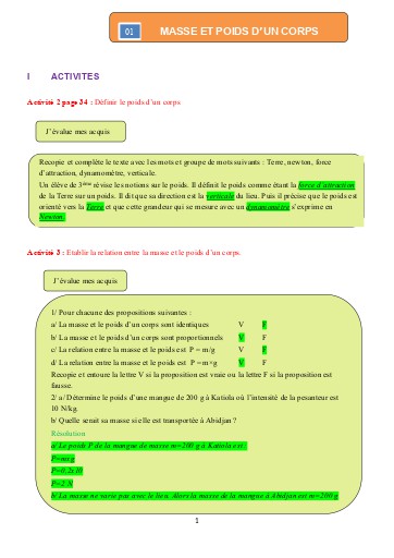 Leçon 3  Masse et Poids d'un corps