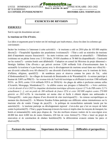 Exercices de révision d'Histoire et Géographie niveau Terminale - Lycée Dominique Ouattara Korhogo