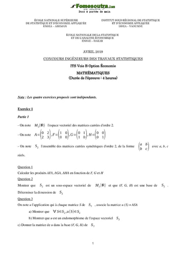 Tous les Sujets et Corrigés - Concours ITS B option Economie 2019 (ENSEA - ISSEA - ENSAE)