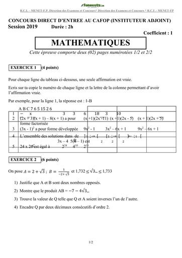 Sujet corrige maths CAFOP IA 2019 BY TEHUA