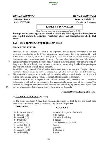 DEVOIR D'ANGLAIS NIVEAU 3ième KORHOGO 2026 BY TEHUA