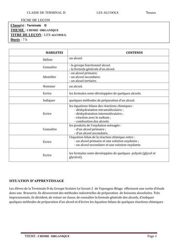 FICHE DE COURS CHIMIE Tle D L1 LES ALCOOLS