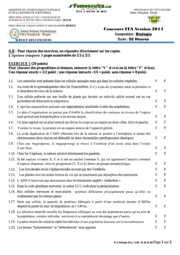 Sujet de Biologie concours ITA 2014