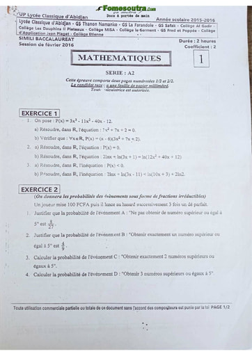 Sujet de Maths BAC blanc 2016 série A2 Lycée Classique d'Abidjan