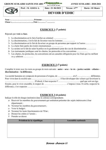 Devoir EDHC 4ème Groupe Scolaire Sainte Foi 2020-2021