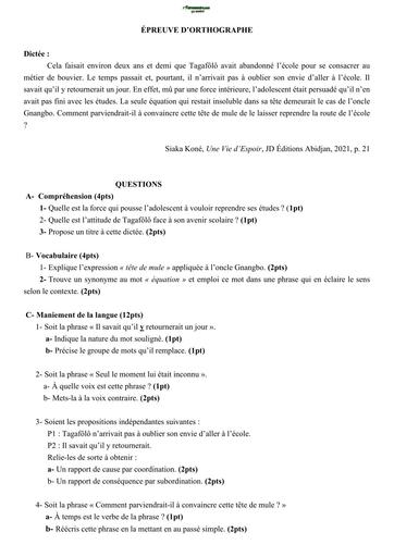 PREPA BEPC 2026 Epreuves d'orthographe SUJET+CORRIGE BY TEHUA