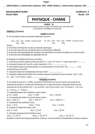 BAC BLANC FEVRIER 2023 SUJET DE PC SERIE D DRENA ABIDJAN 4 BY TEHUA