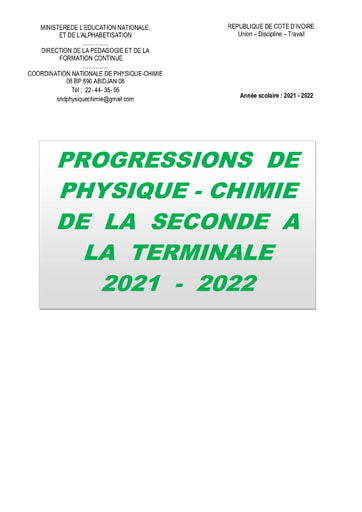 Progression de Physique Chimie de la Seconde à la Terminale année scolaire 2021-2022