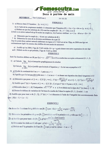 Devoirs de Maths terminale C Lycée Classique Abidjan 2020/2021