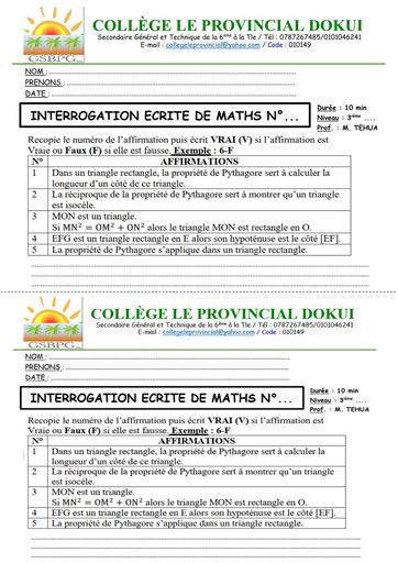 INTERROGATION ECRITE N°1 MATHE 3ième PROVINCIAL (PYTHAGORE)  DECEMBRE 2025 BY TEHUA