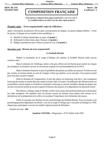 BEPC Blanc Régional 2025 – Composition Française – Sujet   Corrigé by TEHUA