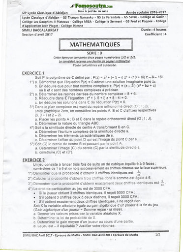 Sujet de Maths bac blanc 2017 série D Lycée Classique d'Abidjan (DRENET Abidjan 1)