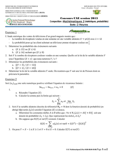 Sujet de Mathématique 2 concours CAE 2013