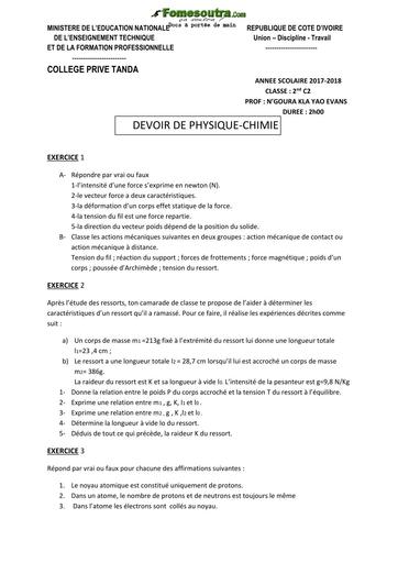 Devoir de Physique-Chimie niveau 2nd C - College privé Tanda