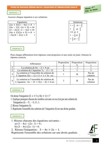 Fiche Travaux dirigés EQUATIONS ET INEQUATIONS DANS R NIVEAU 3IEME by TEHUA