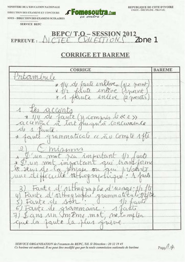 Corrigé de dictée et questions BEPC 2012 Zone 1