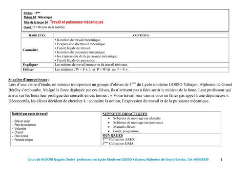 FICHE DE COURS PC 3ième L4 TRAVAIL ET PUISSANCE MECANIQUE by TEHUA