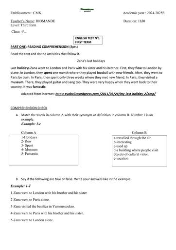 DEVOIR D'ANGLAIS NIVEAU 4ième CMK 2025 BY TEHUA