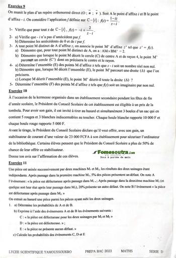 SUJETS DE MATHS PRÉPA BAC D FICHE 2 LYCÉE SCIENTIFIQUE DE YAMOUSSOUKRO 2023