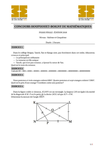 CONCOURS HOUPHOUET BOIGNY DE MATHÉMATIQUES6e 5efinal