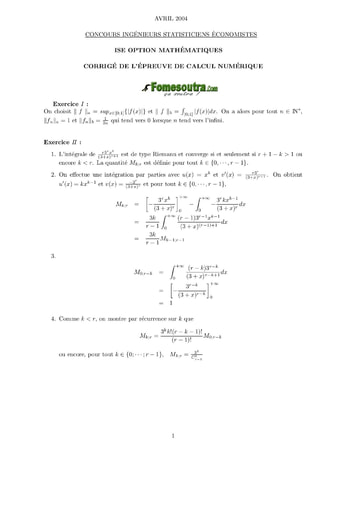 Corrigé Calcul numérique ISE option maths 2004 (ENSEA)