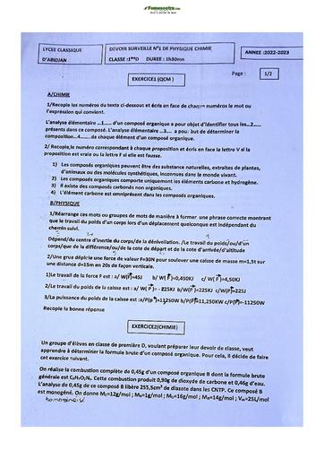 Sujet de Physique-Chimie Niveau Première D Lycée Classique Abidjan 2023