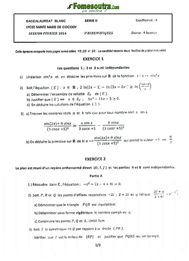 Sujet de Maths BAC blanc série D Lycée Sainte Marie de Cocody 2014