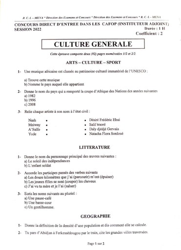 CAFOP (INSTITUTEUR ADJOINT) CULTURE GÉNÉRALE SESSION 2022