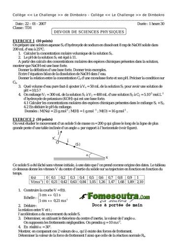 Devoir 12 Physique-Chimie niveau Terminale D Collège Le Challenge