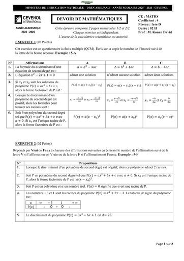 DEVOIR DE MATHS NIVEAU 1ière D RATTRAPAGE CEVEROL INTERNATIONAL 2026 BY TEHUA