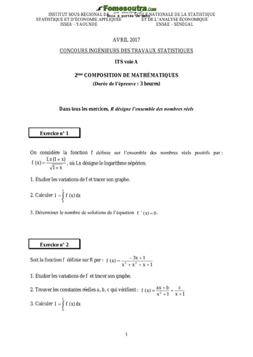 Sujet et Corrigé 2ème épreuve de maths ITS A 2017 (ENSAE - ISSEA)