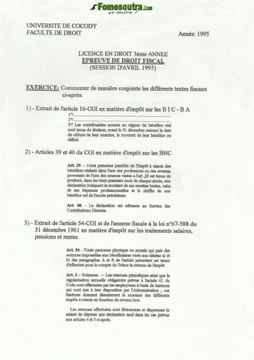 Sujet Droit Fiscal octobre 1995 - Licence Droit
