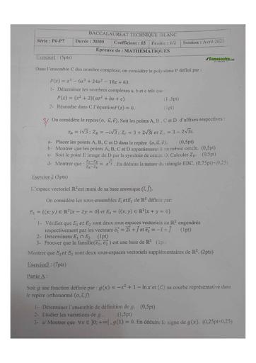 BAC BLANC TECHNIQUE(SERIE P6&7) 2025 MATHS SUJET+BAREME BY TEHUA
