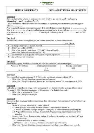 Fiche d'exercices : Puissance et Energie électriques