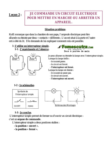 Leçon 2 : Je commande un circuit électrique pour mettre en marche ou arrêter un appareil - Cours physique 6eme