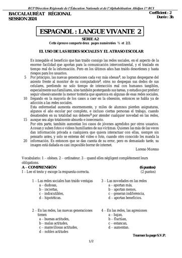 Sujet Bac blanc 2024 dren Abidjan 1 LV2 ESPAGNOL by Tehua