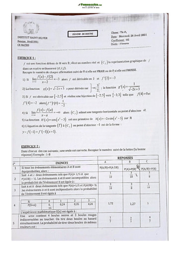 Sujet de Mathématique Terminale D 2021-2022 Lycée Classique Abidjan