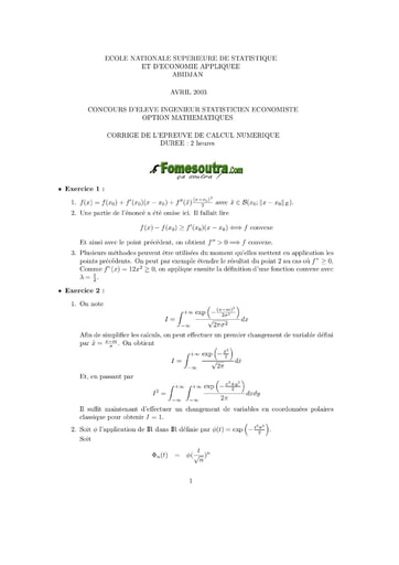 Corrigé Calcul numérique ISE option maths 2003 (ENSEA)