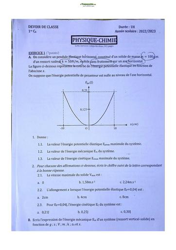 Sujet de Physique-Chimie Première C Lycée Classique Abidjan 2022-2023