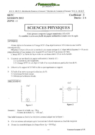 Sujet de Physique Chimie BEPC 2012 zone 1