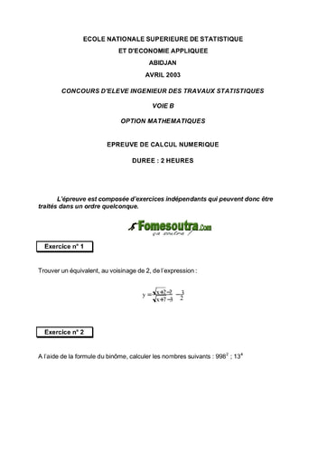 Sujet de Calcul numérique ITS B option Maths 2003 (ENSEA)