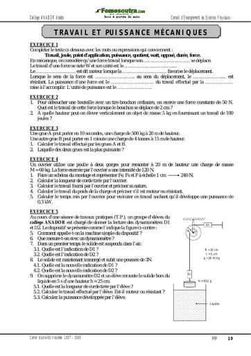 Travail et puissance mécaniques -  Activité 3ème