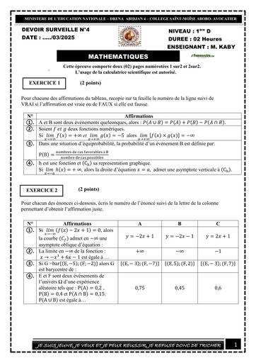 DEVOIR DE MATHS 1ière D TRIMESTRE 3 KABY 2025 BY TEHUA