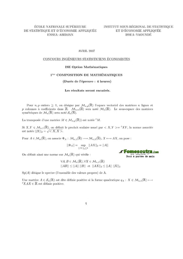 Sujet 1ère épreuve de maths ISE option maths 2007 (ENSEA - ISSEA)