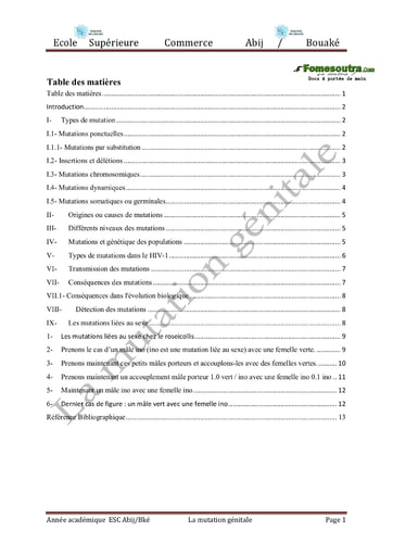 Cours portant sur la Mutation - École Supérieure de Commerce Abidjan-Bouaké