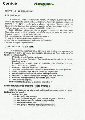 Sujet Corrigé de Dissertation: Le terrorisme