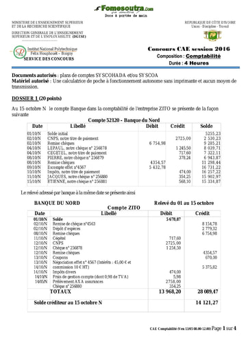 Sujet de Comptabilité concours CAE 2016