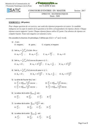 Sujet de Mathématiques concours d'entrée en Master - ESATIC 2017